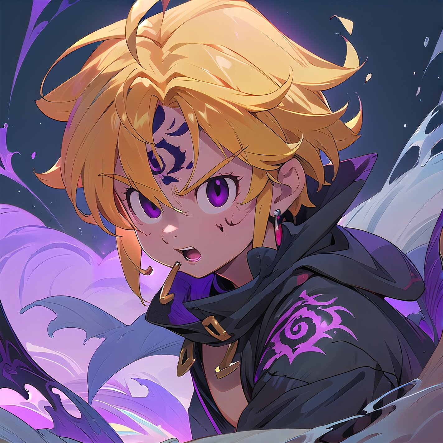 solo, male, depth of field, ((masterpiece, best quality)), demon, evil, The left part of the body is made of purple energy, purple aura, meliodas_nanatsu_no_taizai,blonde hair, empty eyes, fantasy world in background, meliodas in demon form, Blood coming from his mouth, Purple tattoo on his forehead, black eyes,EnvyBeautyMix23