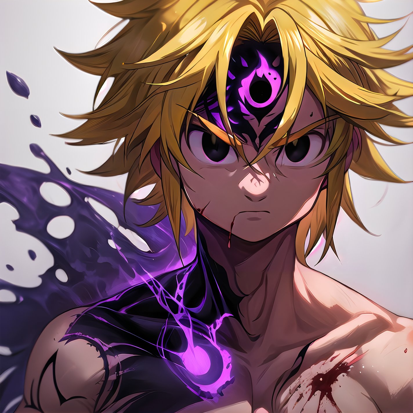 solo, male, depth of field, ((masterpiece, best quality)), demon, evil, The left part of the body is made of purple energy, purple aura, meliodas_nanatsu_no_taizai,blonde hair, empty eyes, fantasy world in background, meliodas in demon form, Blood coming from his mouth, Purple tattoo on his forehead, black eyes,perfecteyes