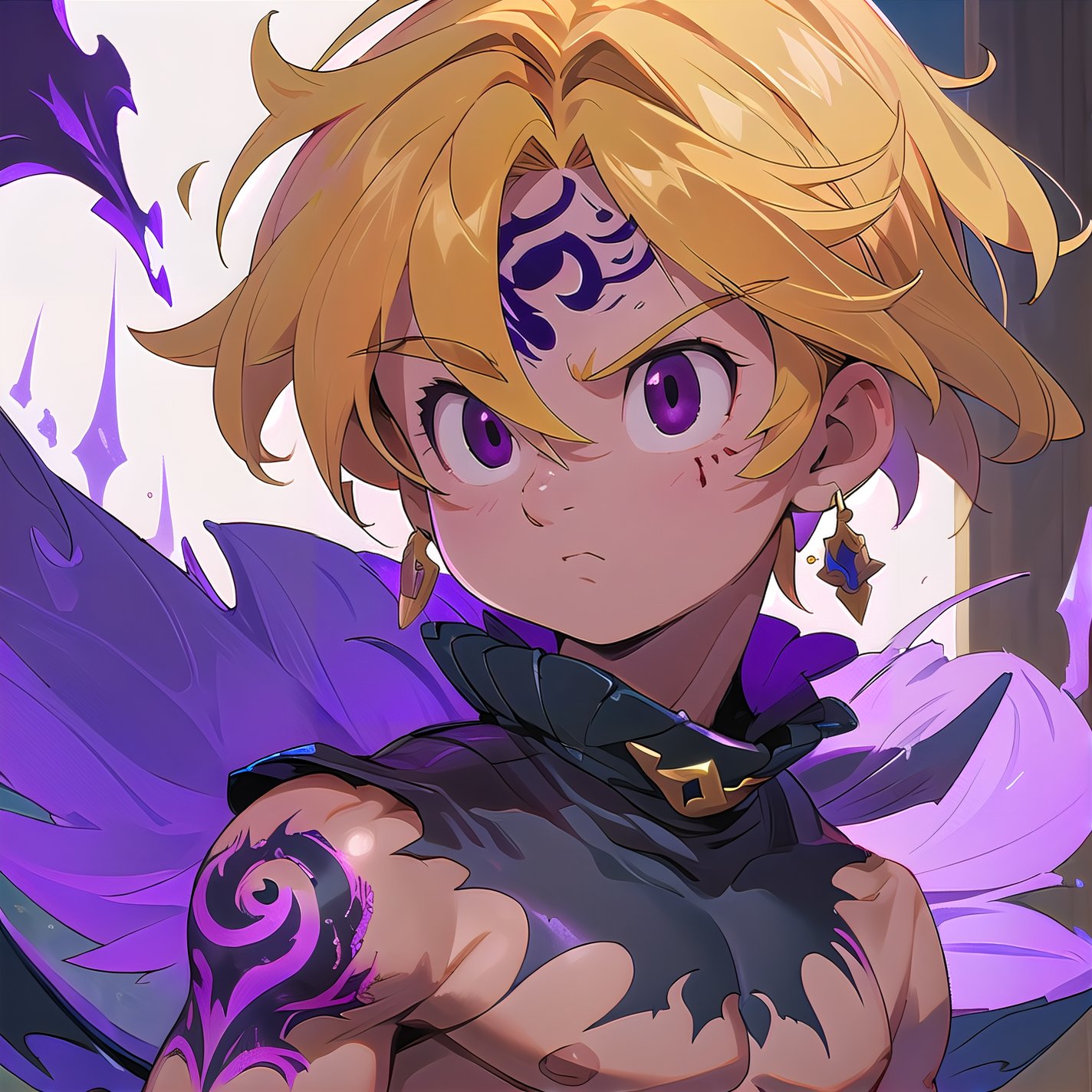 solo, male, depth of field, ((masterpiece, best quality)), demon, evil, The left part of the body is made of purple energy, purple aura, meliodas_nanatsu_no_taizai,blonde hair, empty eyes, fantasy world in background, meliodas in demon form, Blood coming from his mouth, Purple tattoo on his forehead, black eyes,EnvyBeautyMix23