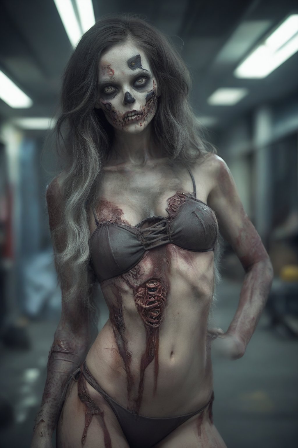 (((full body shot:1.4))). Kawaiicore, coquette, cutecore. A super sexy zombie bikini model, flirting with the camera, hyper detailed background, deep depth of field. Professional fashion photography. ,Zombie,sci_fi