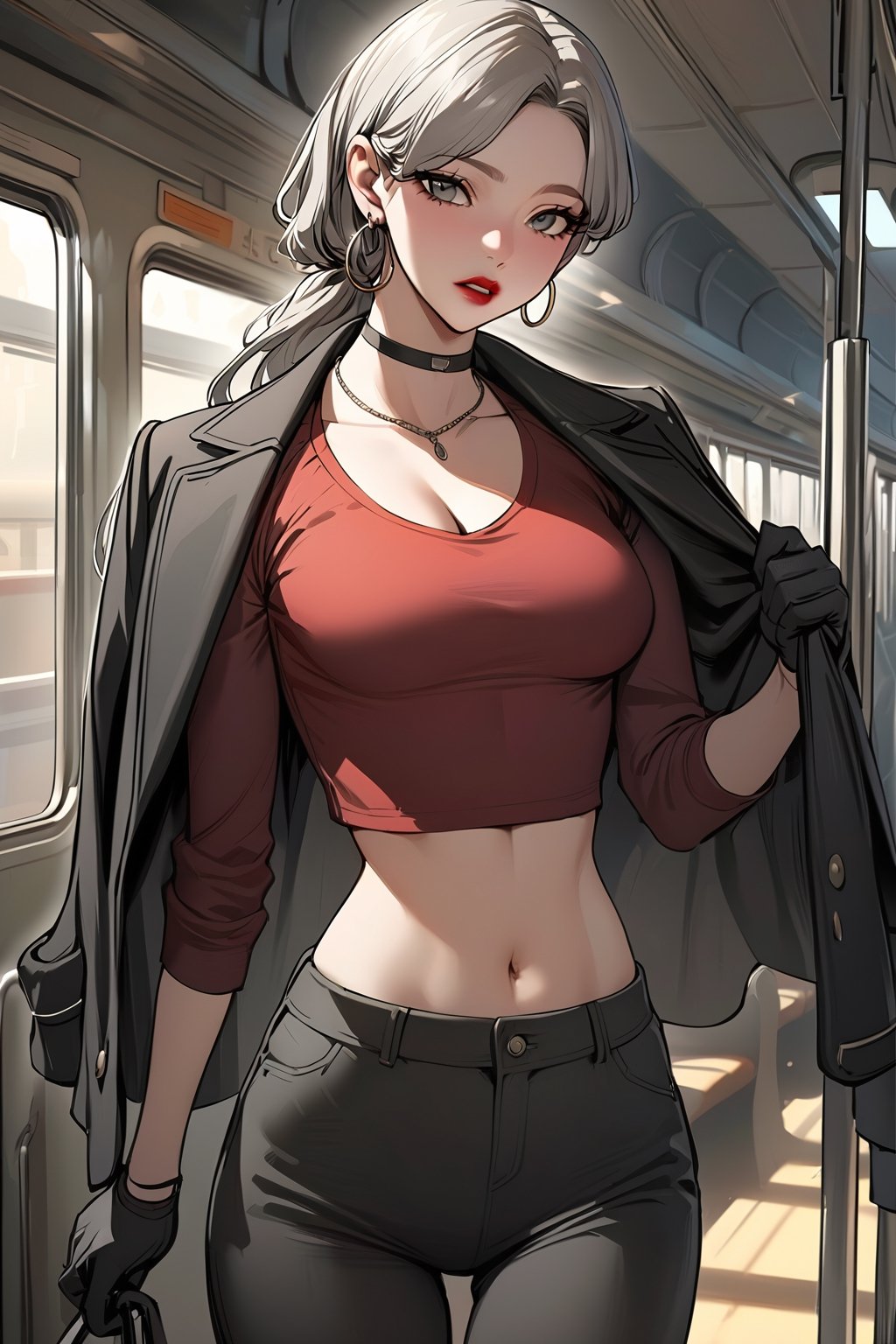 (masterpiece, best quality:1.3), (detailed manga illustration:1.2), dynamic cinematic view, chiaroscuro, 1girl, solo, long hair, breasts, looking at viewer, shirt, gloves, long sleeves, navel, cleavage, jewelry, medium breasts, standing, jacket, ponytail, grey hair, cowboy shot, earrings, parted lips, open clothes, choker, midriff, pants, indoors, necklace, arm up, open jacket, lips, black jacket, crop top, grey eyes, black choker, black pants, red shirt, hoop earrings, jacket on shoulders, red lips, train interior,Reality Quest style