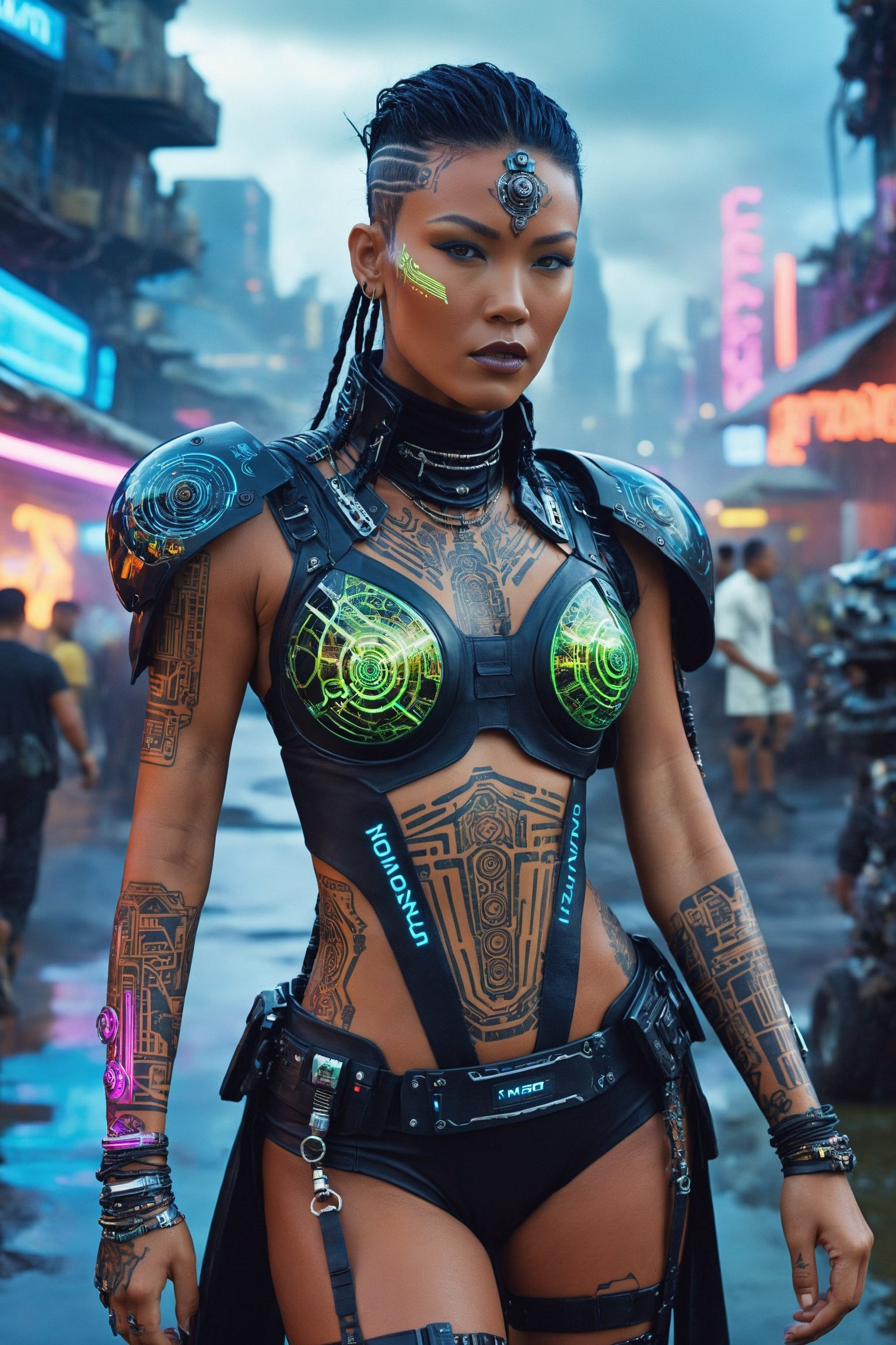 ((((Upper body photograph)))) Generate a very realistic Photograph of an insanely beautiful Mahina, The Technomancer:Mahina possesses a fierce beauty with piercing cybernetic eyes that radiate a neon glow. Her face is adorned with intricate, circuit-like patterns, blending the ancient and futuristic. Neon tattoos trace along her body, pulsing with energy. She wears a cyberpunk-inspired outfit, a fusion of high-tech materials and traditional Tahitian elements. The setting is a sprawling cyberpunk cityscape intertwined with lush Tahitian landscapes. Art and scenario by Yoji Shinkawa. Costume by Alexander McQueen. CGI effects by Double Negative. Photograph by Mert Alas and Marcus Piggott, Taken with a 50mm f/1.8 lens, f/2.2 aperture, shutter speed 1/200s, ISO 100 and natural light, Hyper Realistic Photography process, Cinematic, Cinema, Hyperdetailed. UHD, Color Correction, hdr, color grading, hyper realistic CG animation,Monster,cyborg style