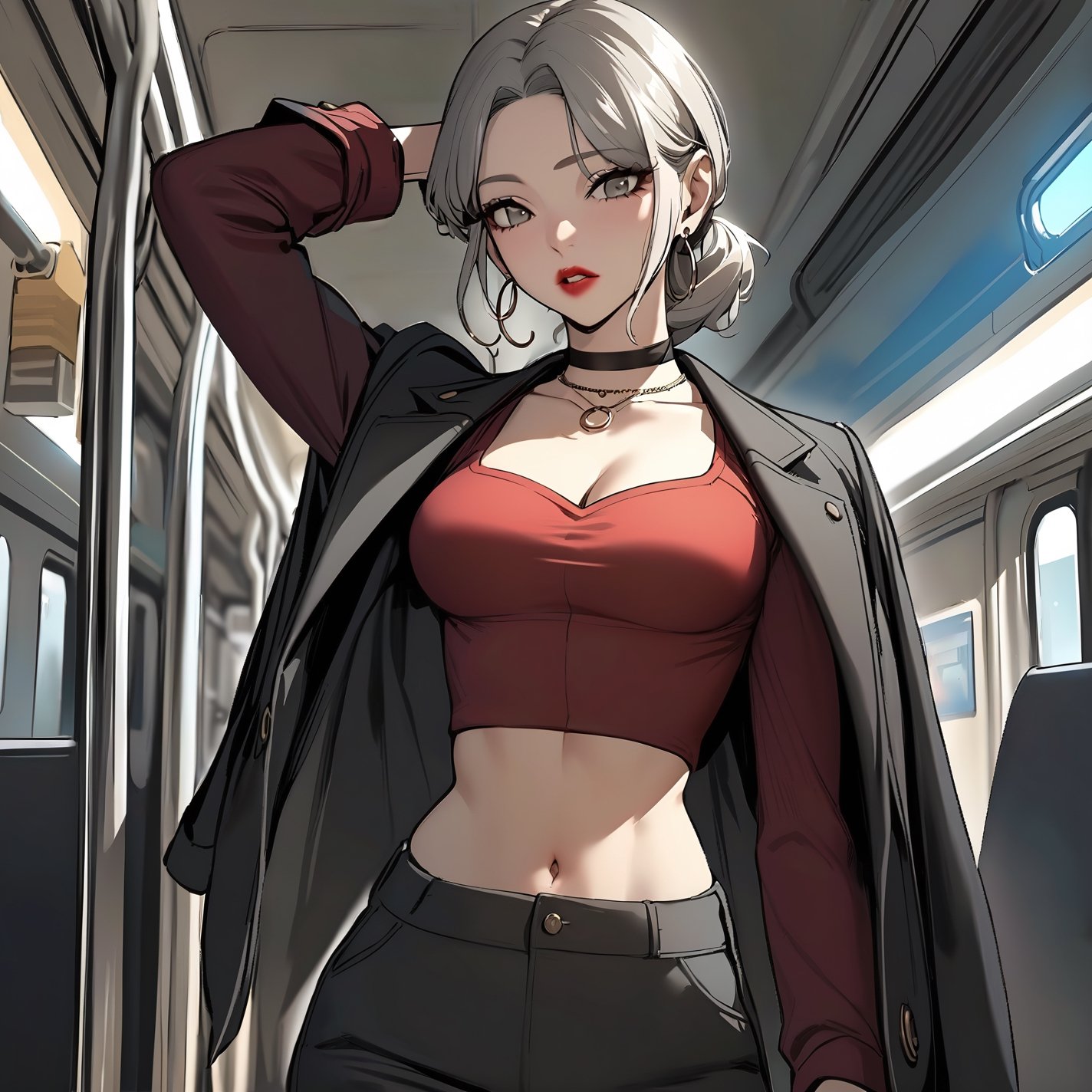 (masterpiece, best quality:1.3), (detailed manga illustration:1.2), dynamic cinematic view, chiaroscuro, 1girl, solo, long hair, breasts, looking at viewer, shirt, gloves, long sleeves, navel, cleavage, jewelry, medium breasts, standing, jacket, ponytail, grey hair, cowboy shot, earrings, parted lips, open clothes, choker, midriff, pants, indoors, necklace, arm up, open jacket, lips, black jacket, crop top, grey eyes, black choker, black pants, red shirt, hoop earrings, jacket on shoulders, red lips, train interior,Reality Quest style