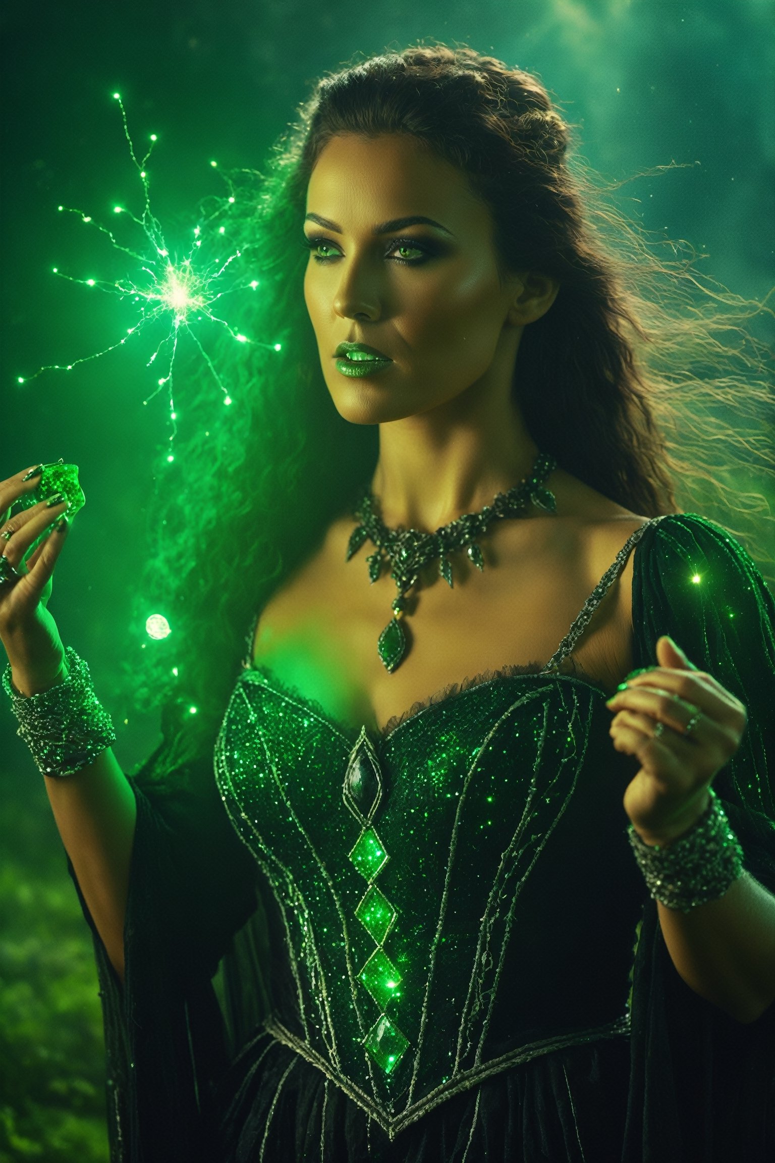 A real photograph from the waist up. A beautiful witch with green sparkles coming from her fingertips . Dark fantasy art. The concept art and scene must be inspired by Luis Royo and Victoria Frances. Taken using a Blackmagic URSA Mini Pro 4.6K with a 50mm lens. Cinematic lightning. Hyper Realistic Photograph, Cinematic, Hyperdetailed. UHD, Color Correction, color grading, hyper realistic. Photography post processing, CGI and VFX by Industrial Light & Magic (ILM).