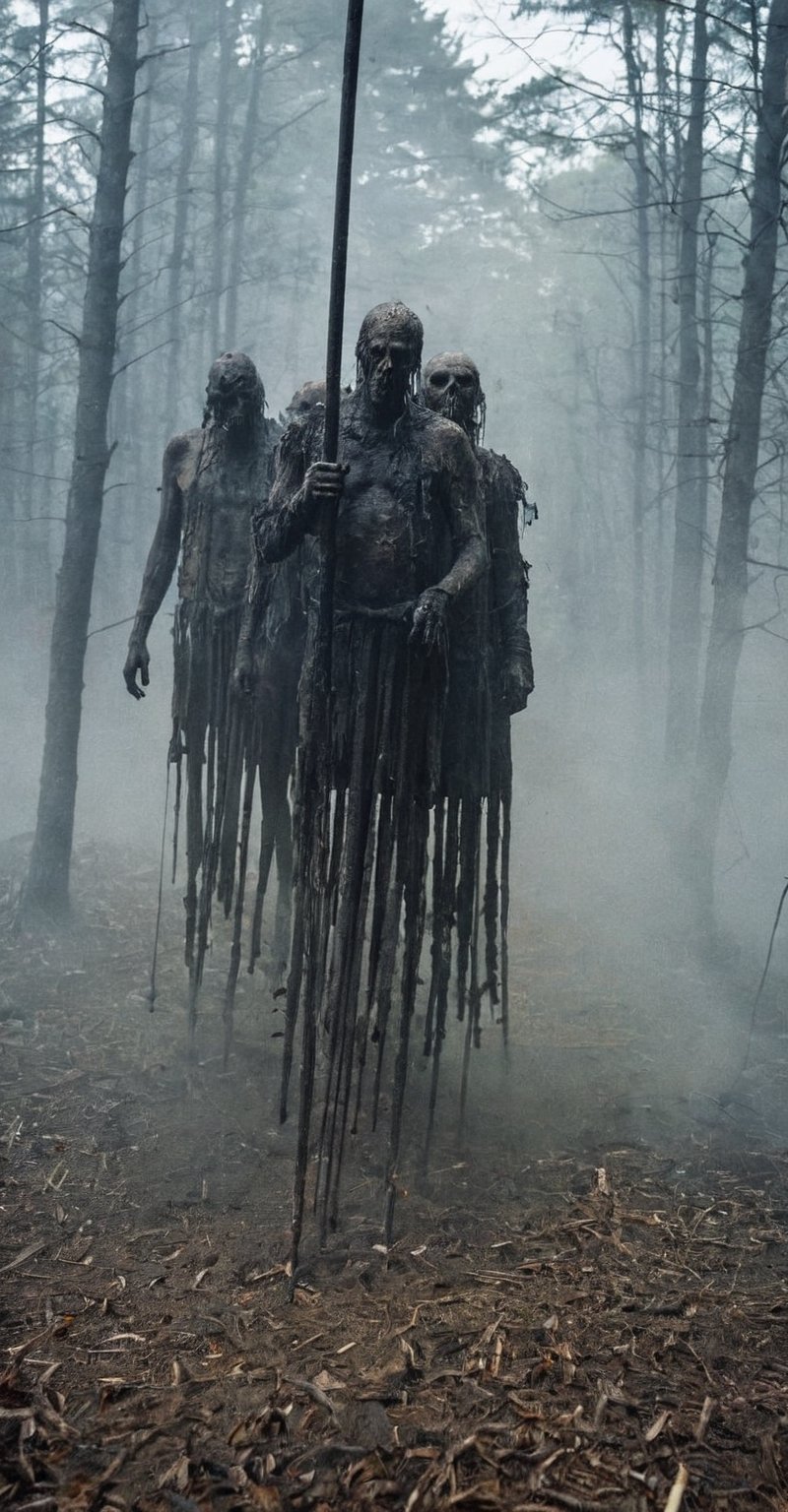 A horror scene. Heads impaled, smoke, mist, 