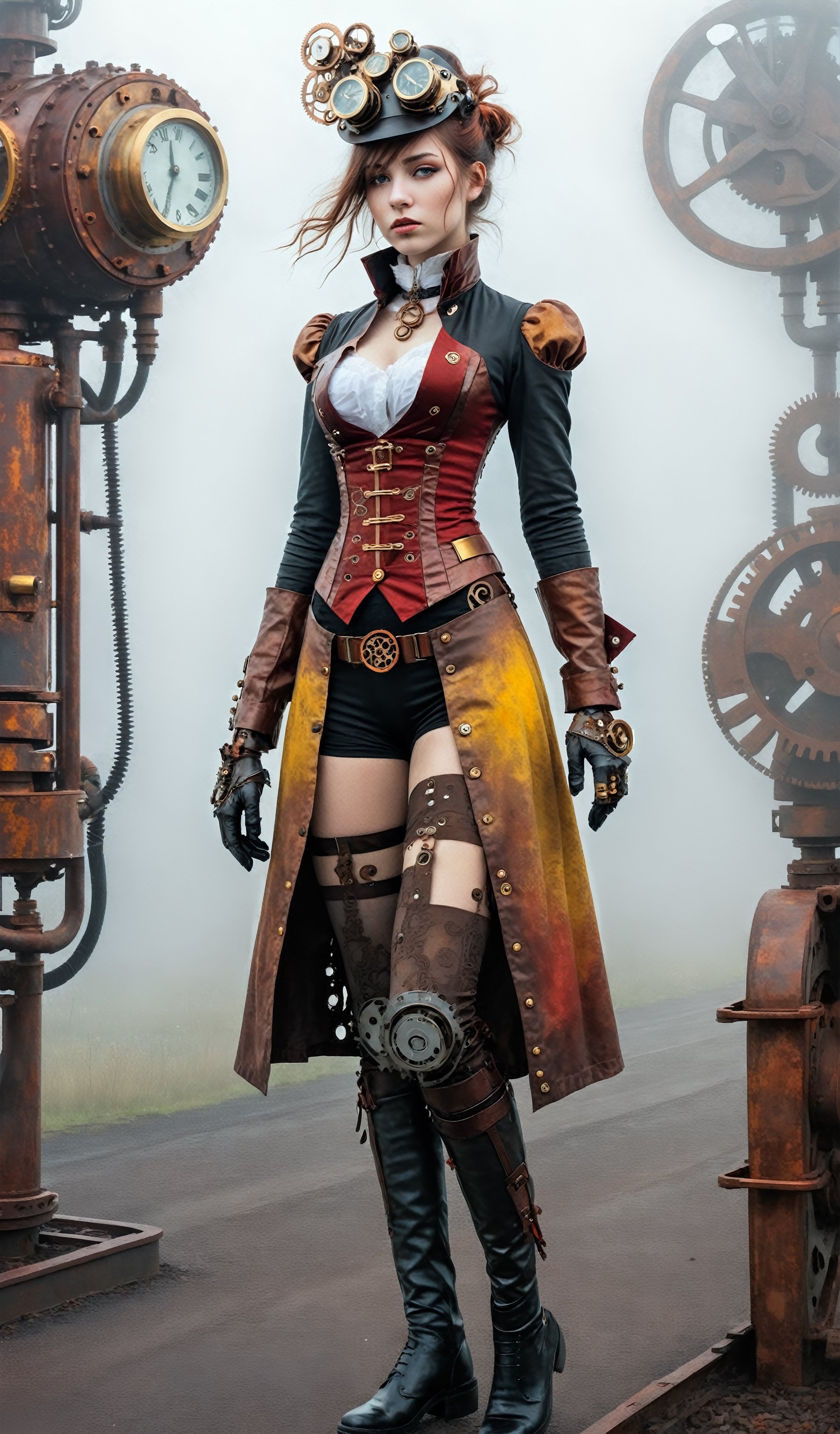 [cyborg girl], steampunk illustration, amidst fog with brass accents, [ombre red] and [rusted yellow] Highlights, mysterious, industrial aesthetics, time-honored charm