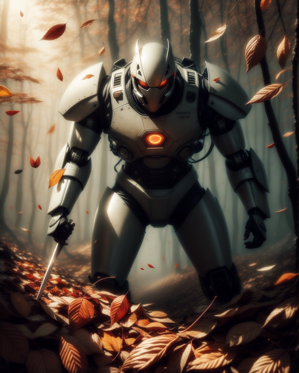 vintage style picture, half_body, 1man, dinamic_pose, intricate futuristic mecha armour suit, white and black, face mask, neon, holding a sword, standing in the forest, vegies, (((autumn leaf drop to the ground, flying autumn leaf))), seround by mist, gritty, dusty, photohyperrealistic, highly detailed, hyper realistic, with dramatic polarizing filter, sharp focus, HDR, UHD, 64K, 16mm, color graded portra 400 film, remarkable color, ultra realistic,,ABMautumnleaf,Extremely Realistic