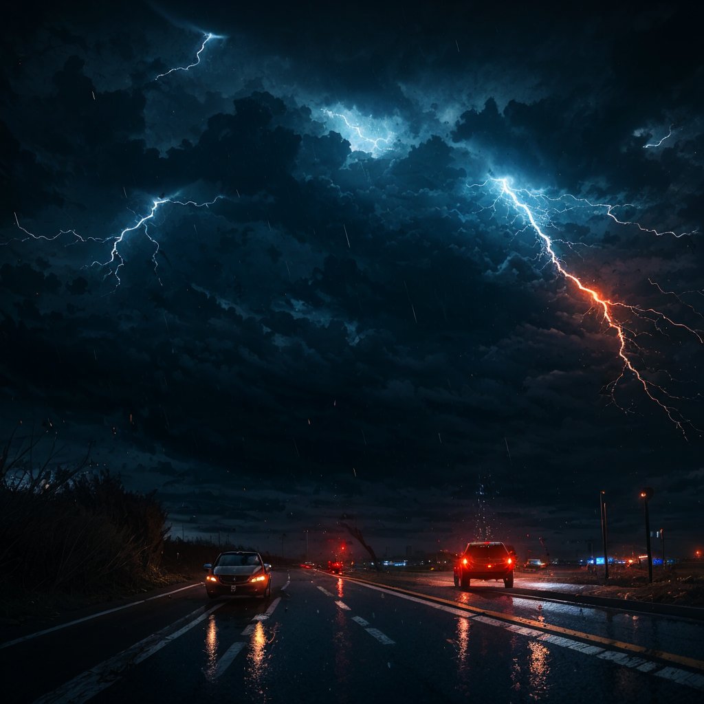 action scene, car chased by tornado, hurricane, flying debris, flying small piece of woods scattered around, broken house, car on road, highway, raining storm, strong wind, masterpiece, realistic, highres, dark atmosphere, dark sky,