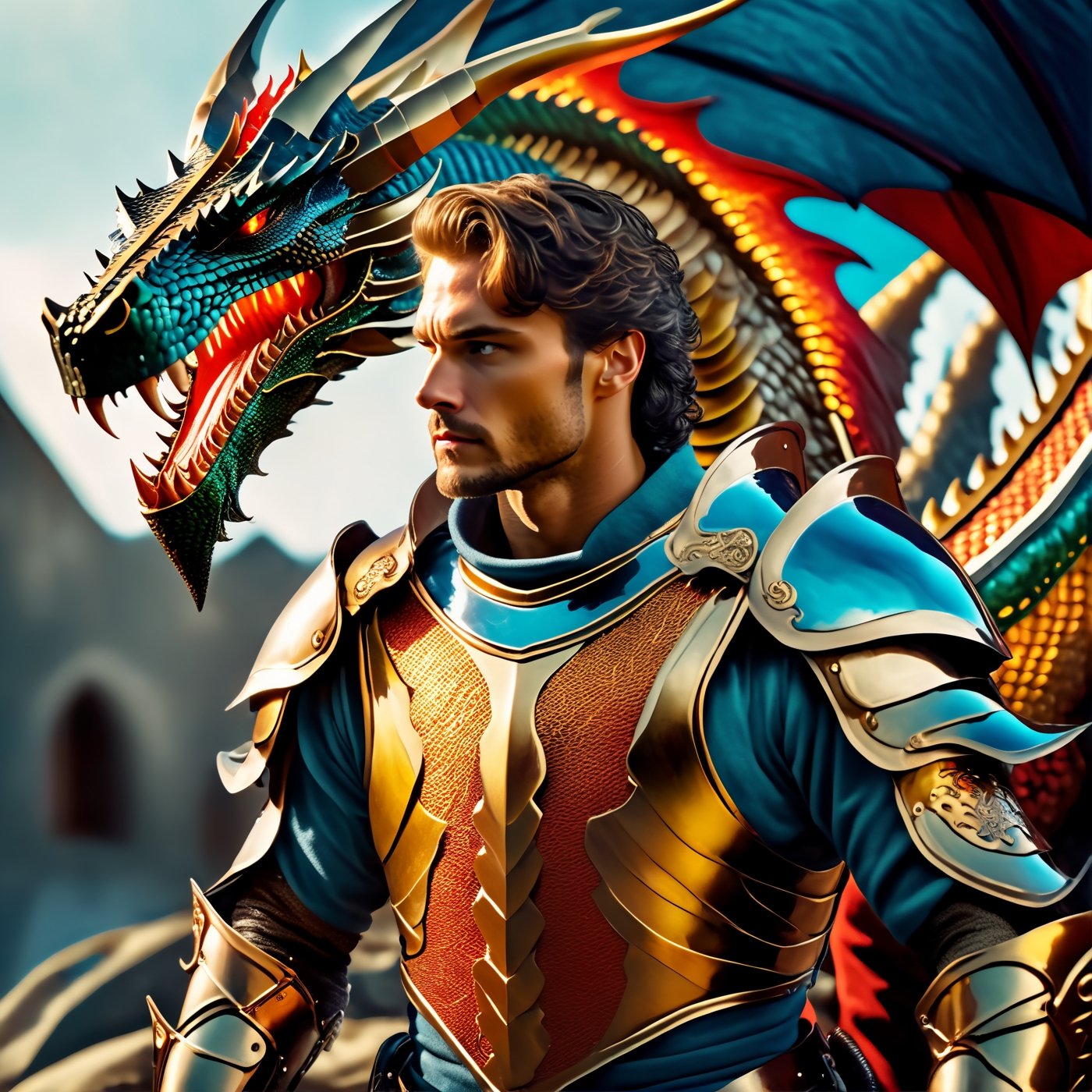 (((full_body portrait))), Photo of a knight and dragon, Hyper-detailled, 32k, Super High definition, Vibrant Colors, Soft focus, Ultra Smooth,Soft natural look, Full shot, photorealistic, realism, film still, cinematic shot, dreamwave, aesthetic, action_pose,Movie Still,photo r3al,gemsdragon