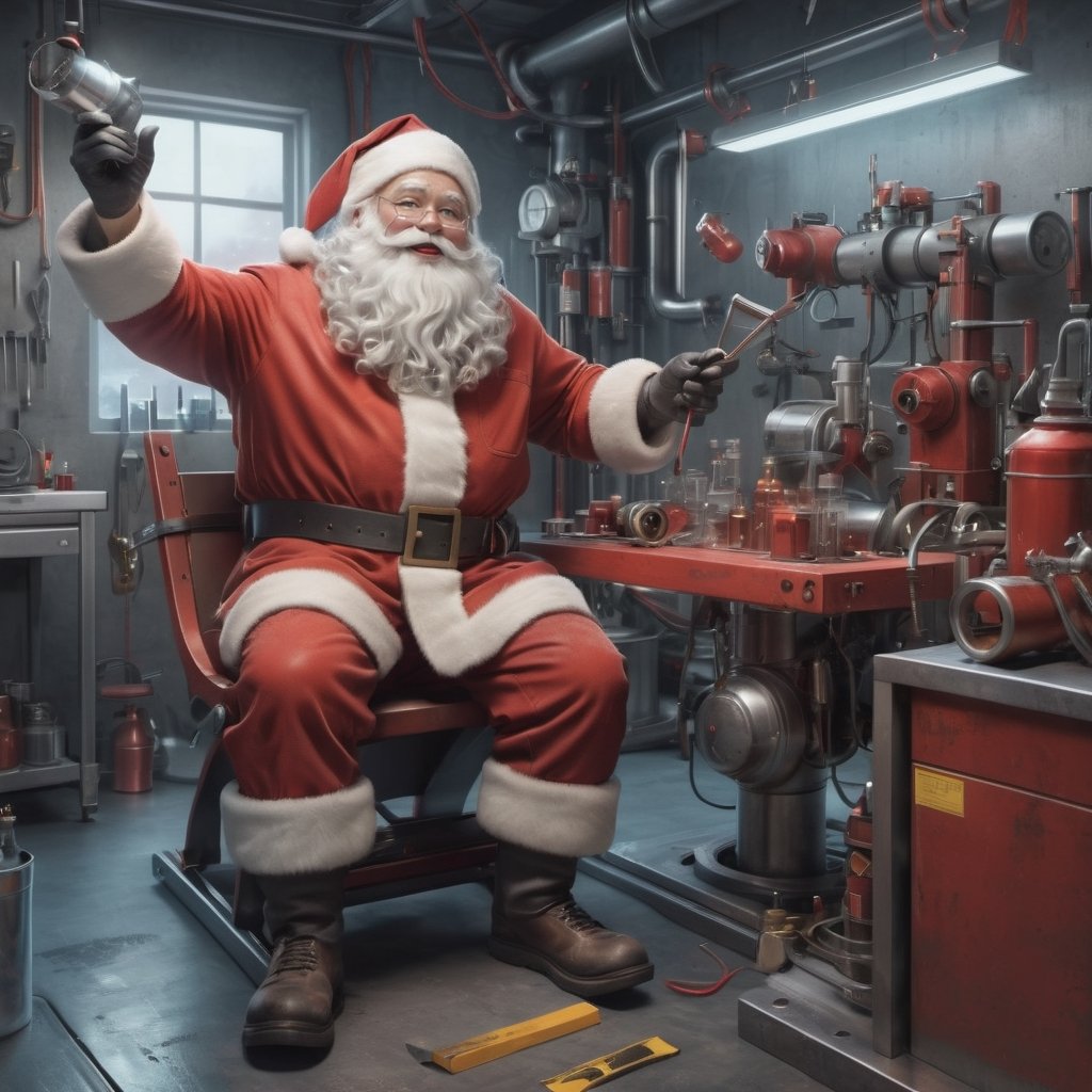 (masterpiece, best quality, high_res, realistic, epic), Santa Claus is an inventor, (((dressed in a mechanic suit))), in a lab he designing a high-tech (((santa sled))), christmas decoration, action_pose, 