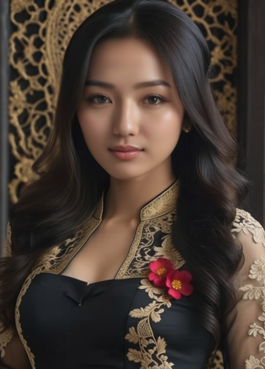 (masterpiece:1.4),((())), solo, 1girl, long hair, black hair, loking at viewer, wearing a black iconic tradisional kebaya, dramatic, best quality, Detailed and ultra realistic, 8k, sharp focus, studio lighting, High resolution, High detail, remarkable color, wendy