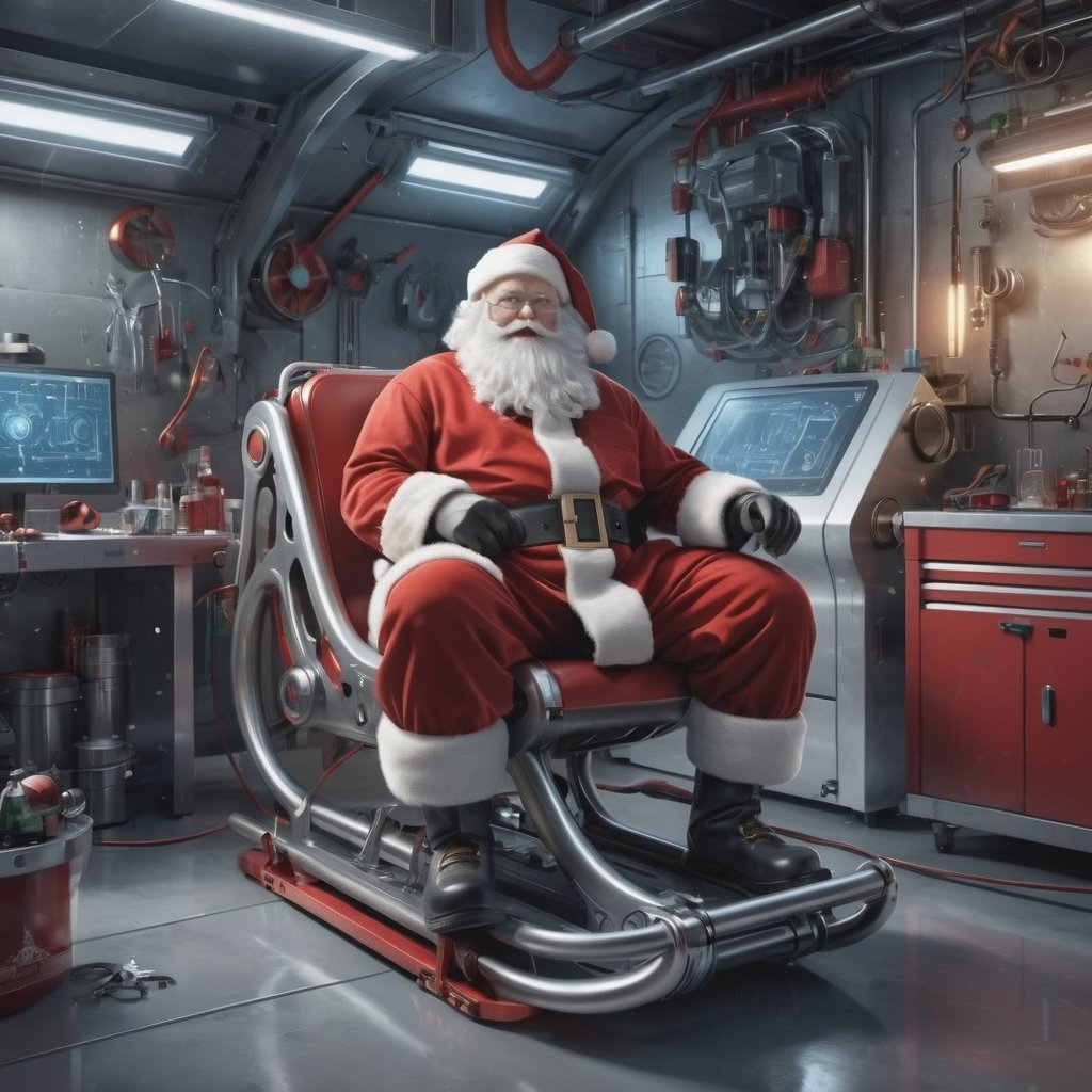 (masterpiece, best quality, high_res, realistic, epic), Santa Claus is an inventor, (((dressed in a mechanic suit))), in a lab he designing a (((futuristic high-tech santa sled))), christmas decoration, action_pose, 