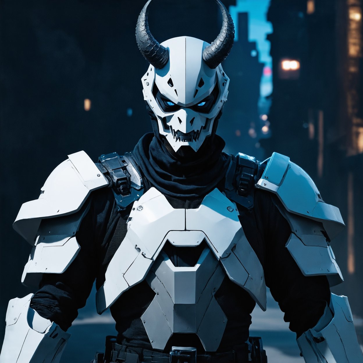 Close-up shot of the WHITE cybernatic samurai cyborg, wearing an oni mask and exoskeleton armor, amidst a dark and gritty urban landscape. The cybernetic enhancements are highlighted by a subtle blue glow, as the subject's gaze is fixed intently forward. The Enhanced Sensors on the helmet emit a faint hum, emphasizing the character's agility and quick repositioning capabilities. In the foreground, the nano tech grey circle gears at the center of the chest plate glimmer with a metallic sheen, contrasting with the dull gray of the urban surroundings. The massive shoulder armor plates are adorned with intricate circuitry patterns, adding to the overall futuristic aesthetic. The cyborg's dominant hand grasps a sleek, high-tech sword, while its free arm rests protectively across the chest. A dramatic shadow falls across the subject's face, accentuating the oni mask and emphasizing the character's mysterious and intimidating presence.