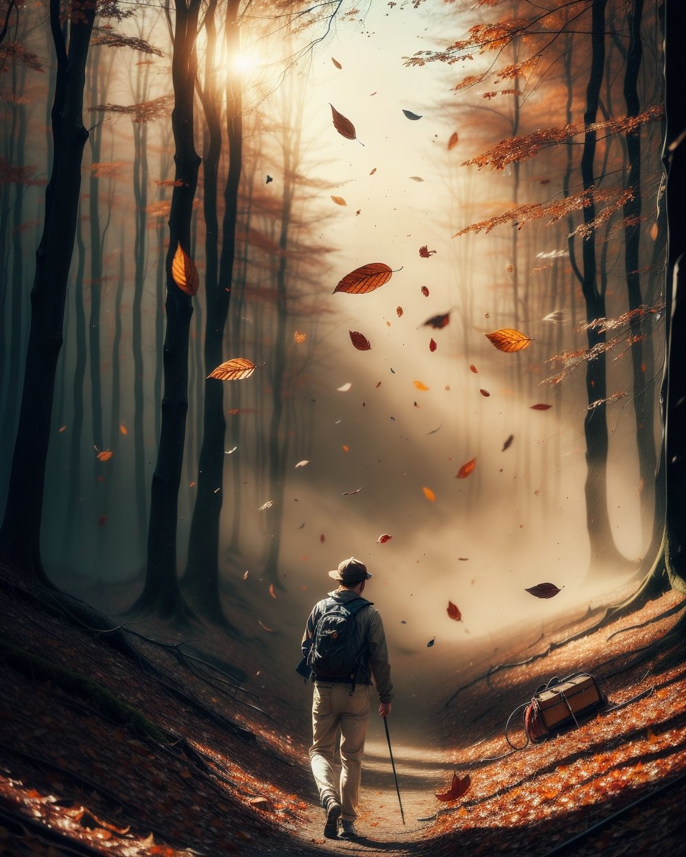 realistic image, vintage style picture, full body, 1man, dinamic_pose, handsome guy walking in forest, autumn leaf drop to the ground, seround by mist, gritty, dusty, fantastical, photohyperrealistic, highly detailed, hyper realistic, with dramatic polarizing filter, sharp focus, HDR, UHD, 64K, 16mm, color graded portra 400 film, remarkable color, ultra realistic,,ABMautumnleaf,Extremely Realistic