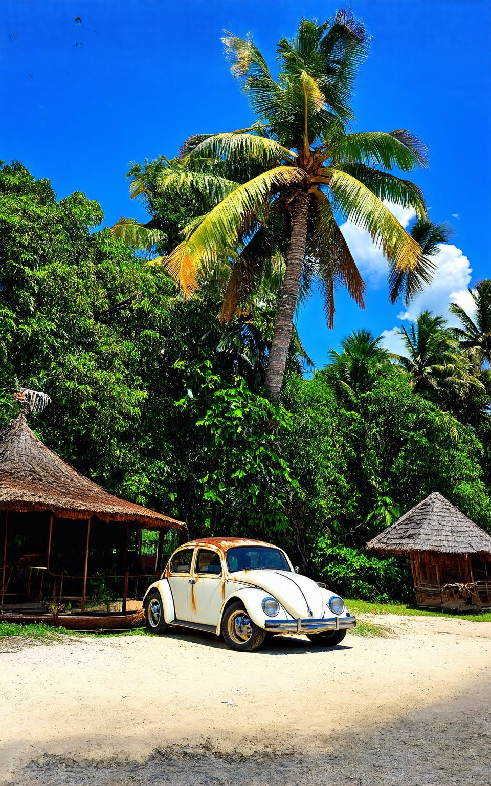 (best quality, 4K, 8K, high-resolution, masterpiece), ultra-detailed, Stunning visuals of a photorealistic image: A rusty and broken white Volkswagen Beetle sits beside an east Malay traditional wooden house, surrounded by the tranquility of a beach and fishing village. The composition is dynamic, with the beetle's curves contrasting the angular lines of the house. A park boat drifts gently in the distance, while coconut trees sway above. A rhu tree stands tall, its branches tangled in a net. The blue sky above provides a cool color palette, as the camera captures both a close-up shot of the beetle and a wide view of the serene scene.
