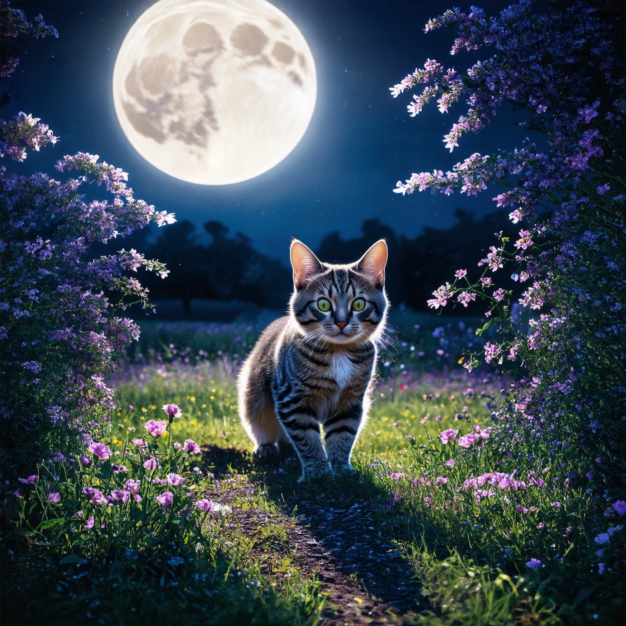 In the moonlit garden, a lone cat wanders amidst blooming flowers, bathed in the ethereal glow of the moon. Shadows dance and the soft, warm light casts an eerie, surreal aura over the scene. The cat's eyes reflect a mysterious blend of serenity and harmony, as if guarding secrets only the night can whisper. The rich hues of deep blues and purples contrast with the delicate petals, creating a harmonious yet haunting tableau, blending reality with a touch of fantasy.