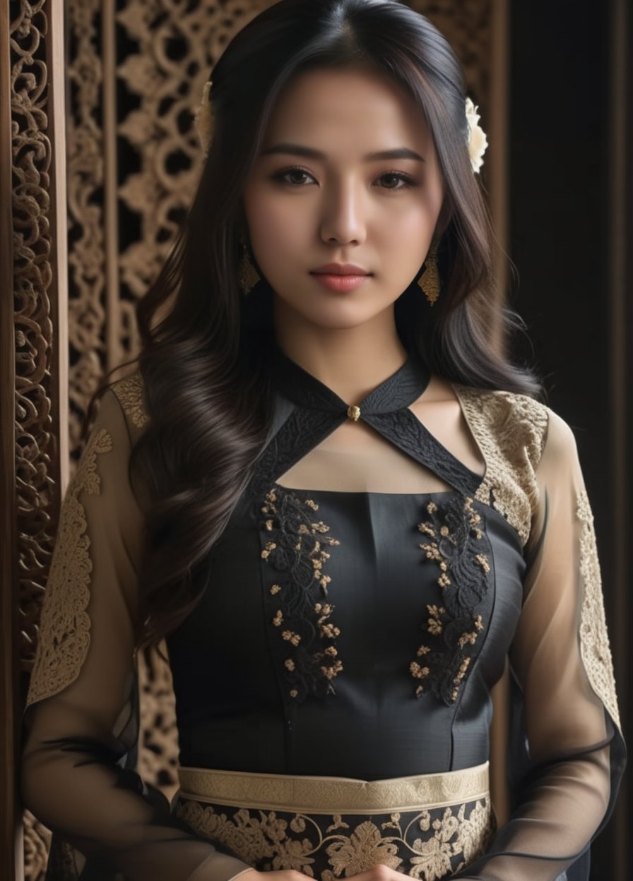 (masterpiece:1.4),(((full_body view))), solo, 1girl, long hair, black hair, loking at viewer, wearing a black iconic tradisional kebaya, dramatic, best quality, Detailed and ultra realistic, 8k, sharp focus, studio lighting, High resolution, High detail, remarkable color, wendy