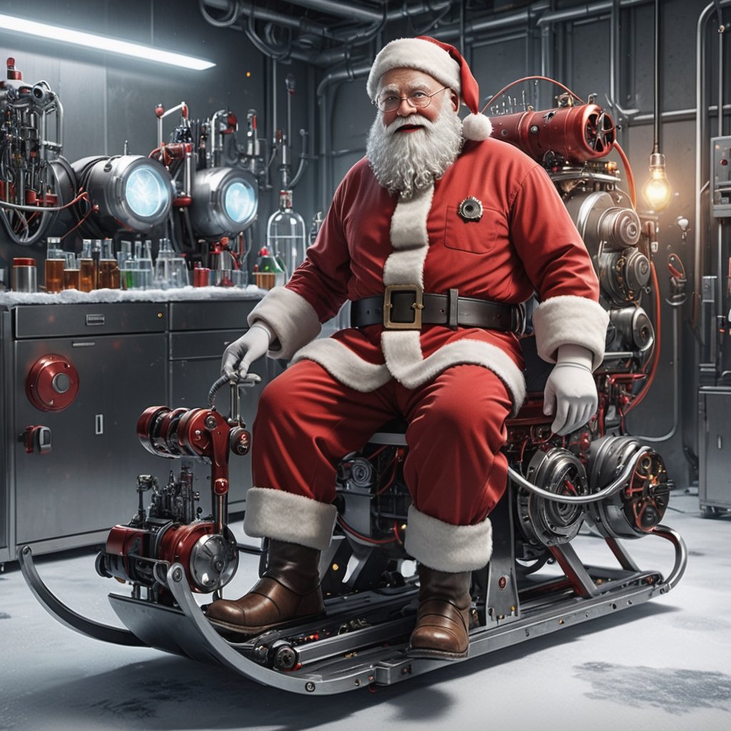 (masterpiece, best quality, high_res, realistic, epic), Santa Claus is an inventor, dressed in a mechanical suit, in a lab designing a high-tech sled,

