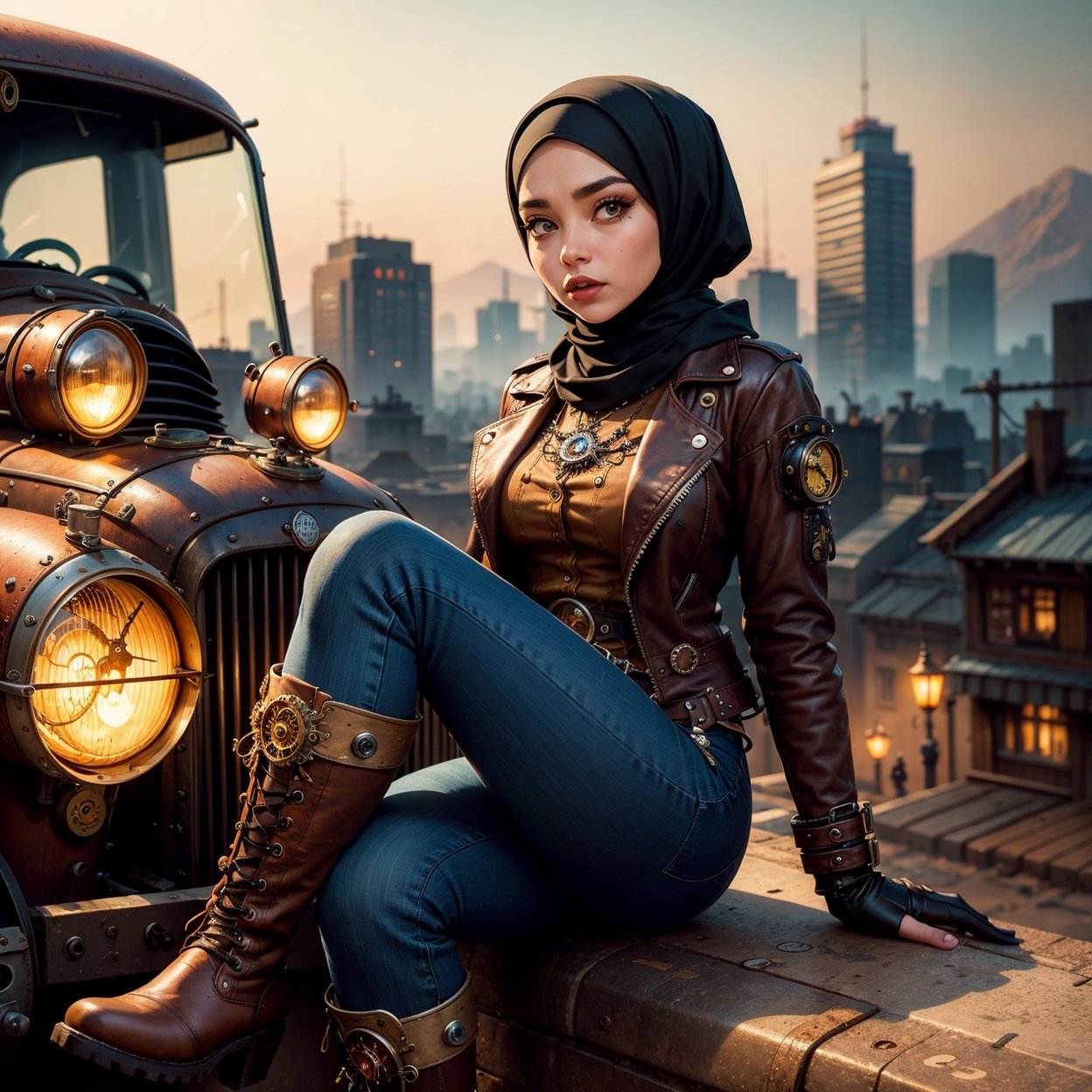 A hijab woman seated on a rusty metal steampunk car, on steampunk city road. She is clad in steampunk-style attire, including a leather jacket adorned with metal embellishments, steampunk gear accesories, gloves, loose leather pants, and boots, The background is landscape of a steampunk city, ultra focused, detailed face, cinematic lighting, dynamic pose, medium contrast, depth of field, natural glows ,hijabsteampunk