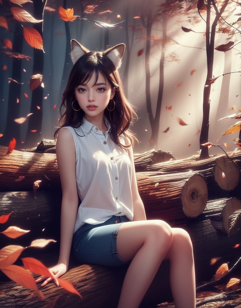 half_body, Masterpiece, 8K resolution, hyper-realistic, raw photo aesthetic. vintage style, A young woman with a fox ears and soft smile, short, wavy dark brown hair, and detailed brown eyes with small earrings. Her features are flawlessly beautiful, with subtle, inner shirt, sleeveless jacket and blue shorts enhancements. (((She sitting on a old tree log in a forest, flower garden,))) at dark night, colorful (autumn leaves falling around her:1.2), dinamic_pose, ABMautumnleaf,neon background