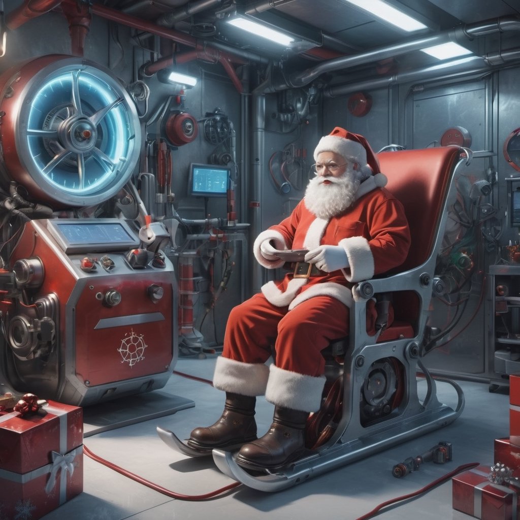 (masterpiece, best quality, high_res, realistic, epic), Santa Claus is an inventor, (((dressed in a mechanic suit))), in a lab he designing a (((futuristic high-tech santa sled))), christmas decoration, action_pose, 