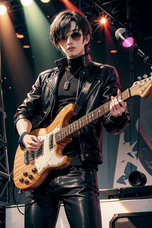 hansome 👨🎸, metal rockers, leather pants, leather jacket, sunglasses, black-hair, stage background,