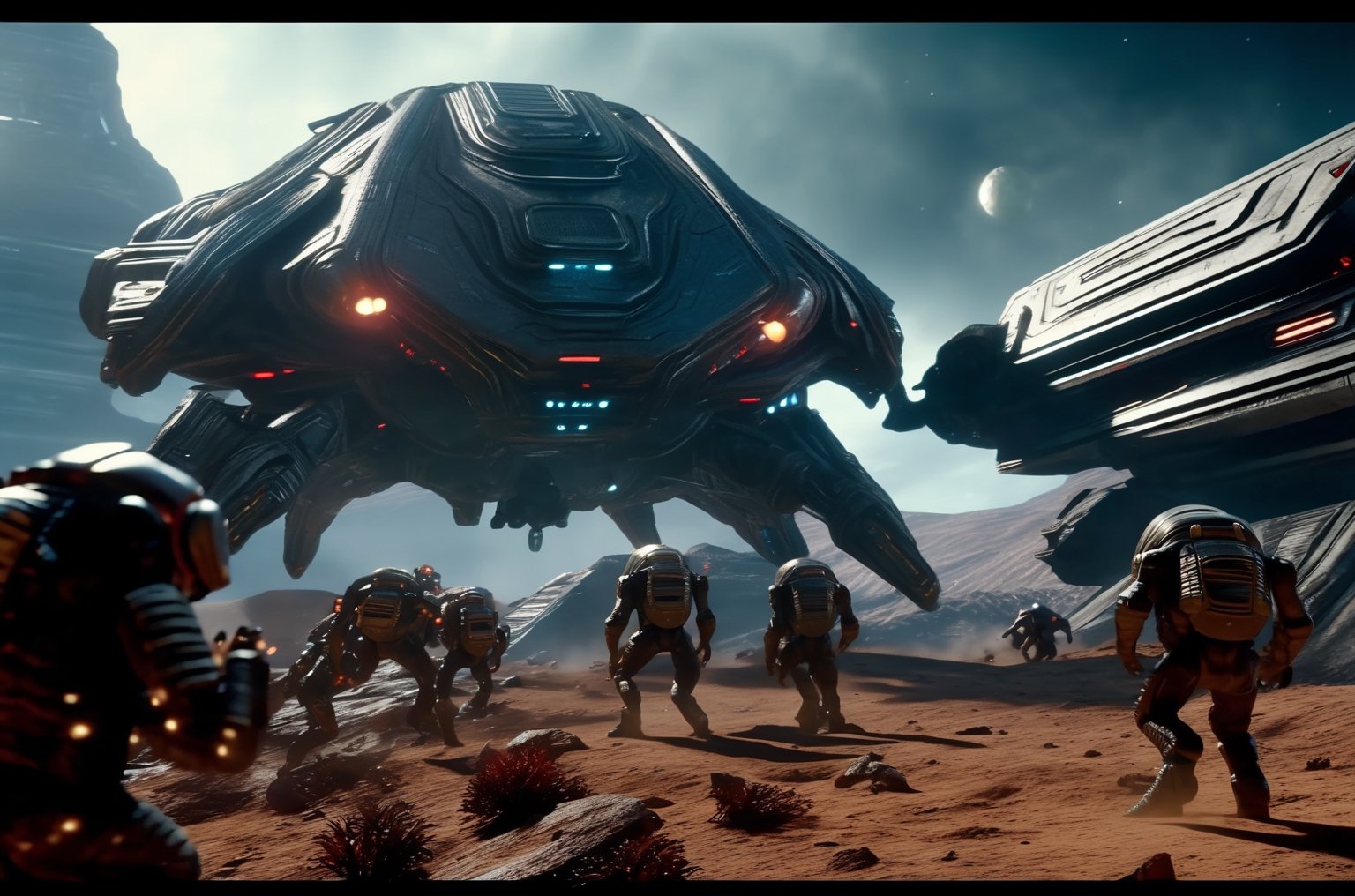 masterpiece, hyper realistic, cinematic scene, race against a band of evil mercenaries, to reach a legendary lost freighter called the Deepstar, Along their trek through the universe, they encounter (monsters), (aliens), (robots) and something even worse., action_pose, movie still, detailed_background,hackedtech