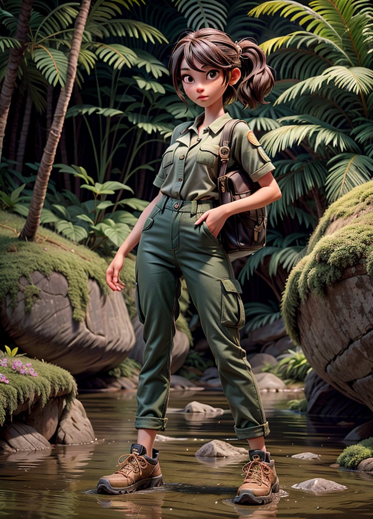 adult women, 1girl, jungle tracking, bag, mossy jungle, jungle tracking clothing, long pant, river with rock, 3DMM, high_resolution, perfectface,