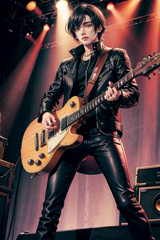 hansome 👨🎸, metal rockers, leather pants, leather jacket, black-hair, stage background,