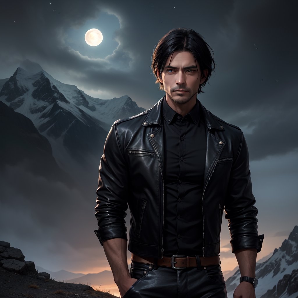 (masterpiece, best quality: 1.4), guy with black hair, 40 years old, Tousled Wolf-Cut hair style, muscle man, bow down face standing on top of mountain, looking far away, unforgiven face, fantasy art, black leather jacket, black shirt, leather pant, male metal rocker picture, eren yeager, detailed anime character art, dark, night_sky, midnight, unforgiven vibe,