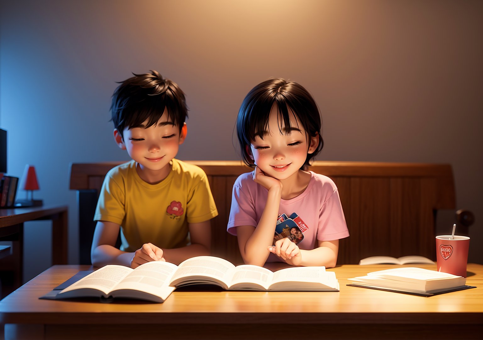 a girl and a boy reading a book on table before sleep, bright smile, room background, 3d cartoon render, perfect hands, no hands