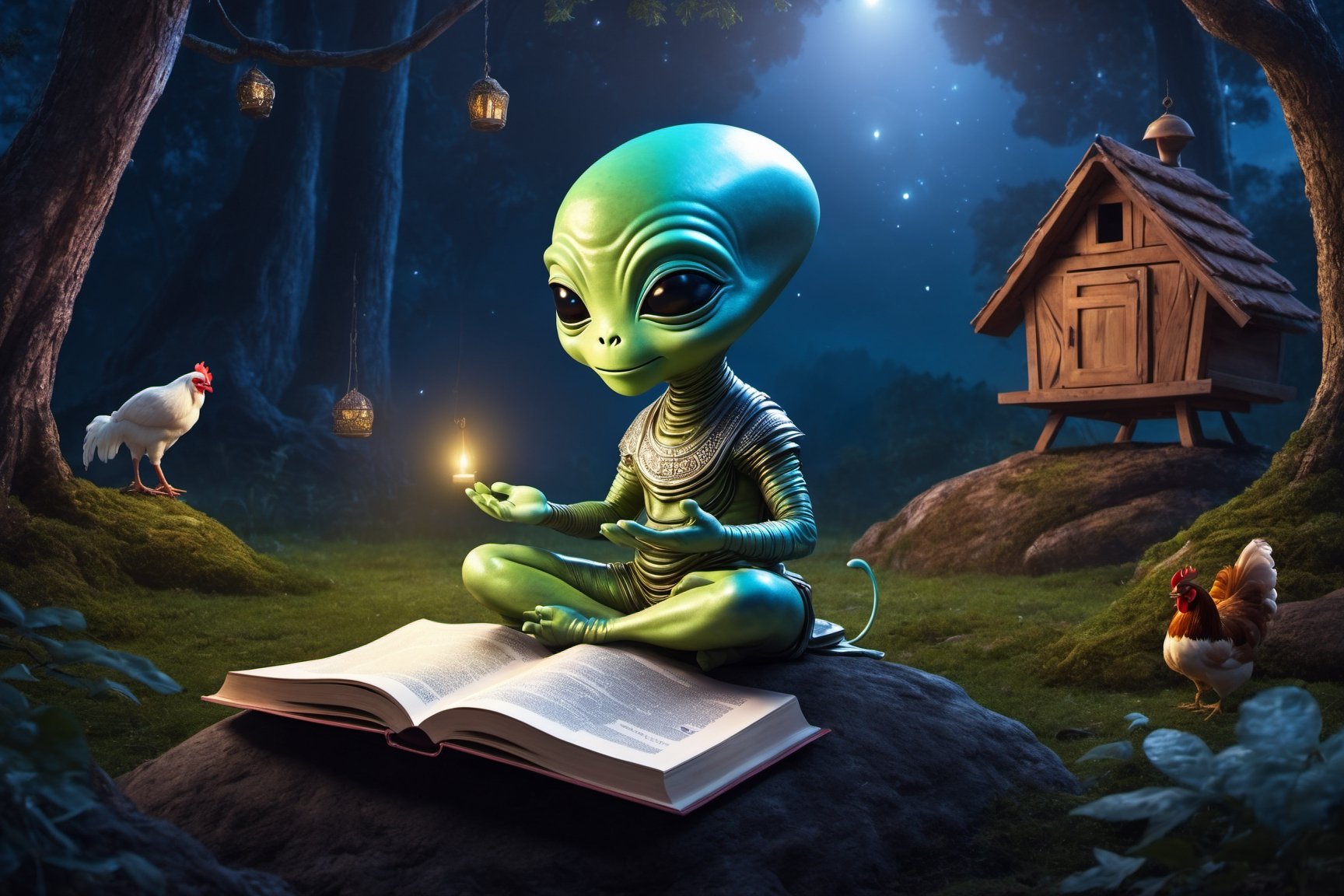 cute alien is meditating in the forest while reading a spiritual book. he is wearing a headband. there are mystical books near the alien and behind there is a chicken coop. in artistic style, night background, masterpiece, realistic, highly detailed, movie still,