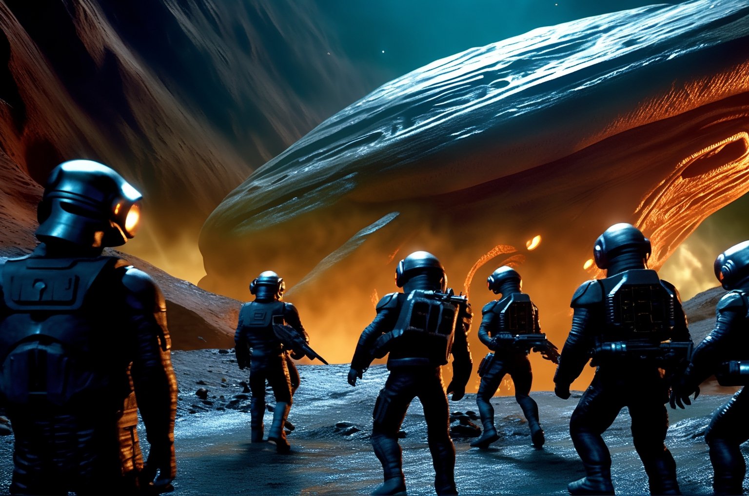 masterpiece, hyper realistic, cinematic scene, race against a band of evil mercenaries, to reach a legendary lost freighter called the Deepstar, Along their trek through the universe, they encounter (monsters), (aliens), (robots) and something even worse., action_pose, movie still, detailed_background,