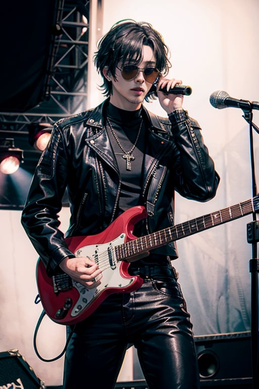 hansome 👨🎸, metal rockers, leather pants, leather jacket, sunglasses, black-hair, stage background,