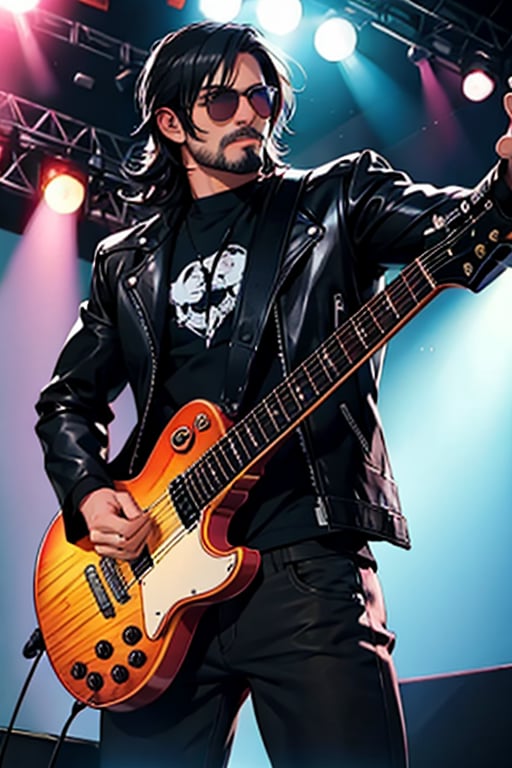 hansome 👨🎸, metal rockers, leather pants, leather jacket, sunglasses, black-hair, stage background, realistic, high_resolution,