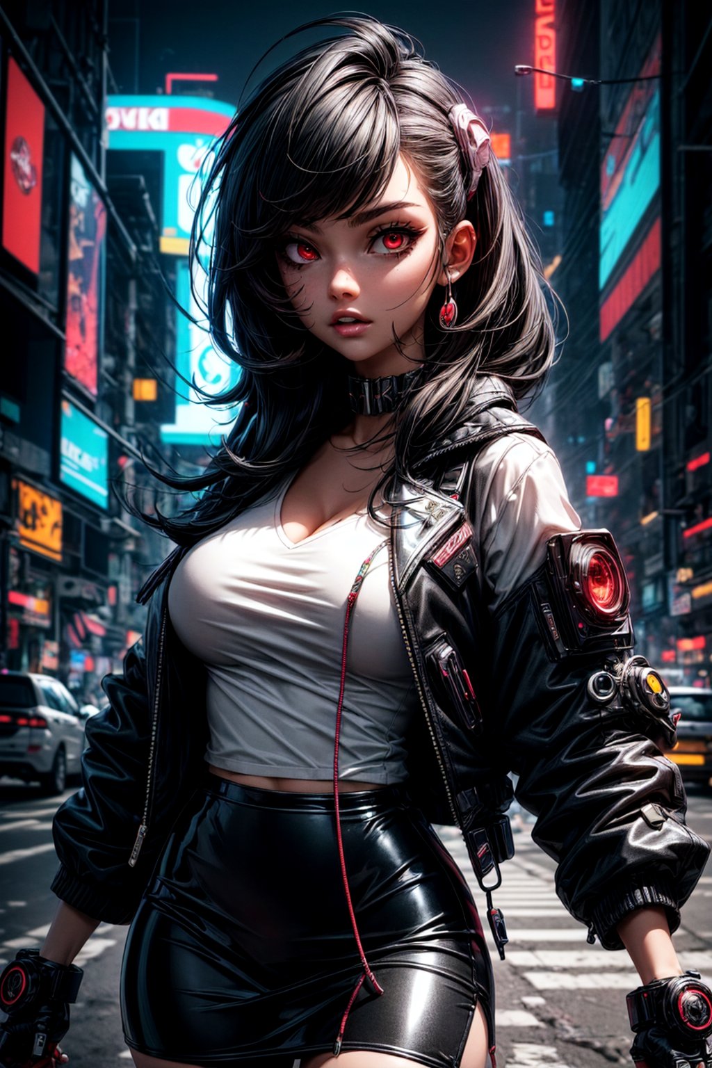 cyberpunk girl, cybernetic jaw, mechanical parts, white shirt, unbottoned, black latex skirt, metal skin, glowing red eyes, cables, wires, black hair, futuristic army base background