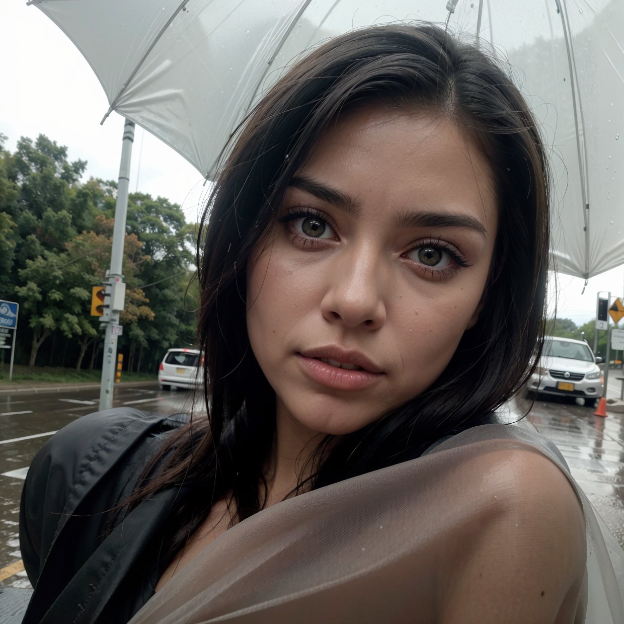 a woman near a parked car on a rainy road, cloudy sky, (best quality,4k,8k,highres,masterpiece:1.2),ultra-detailed,(realistic,photorealistic,photo-realistic:1.37),beautiful detailed eyes,beautiful detailed lips,extremely detailed eyes and face,longeyelashes,portrait,moody lighting,dramatic shadows,muted color palette,cinematic composition,rainy weather,wet asphalt,parked car,overcast sky,atmospheric