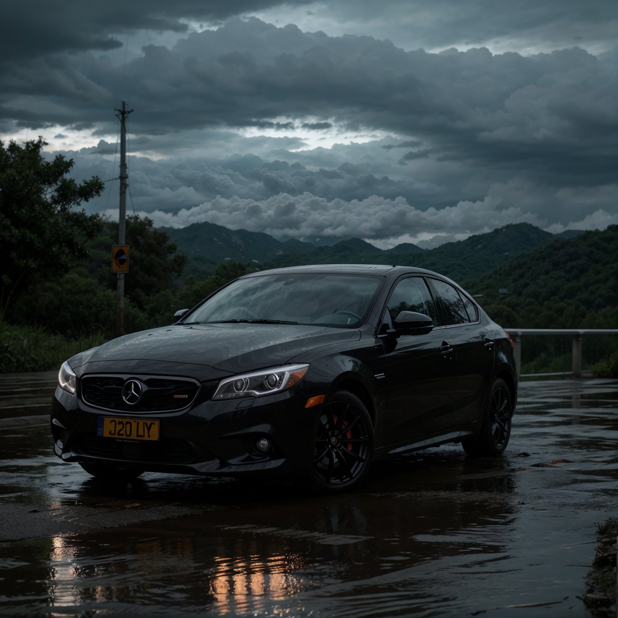 a car parked on a rainy road,cloudy sky,detailed rain drops,dramatic lighting,moody atmosphere,cinematic,photorealistic,ultra-detailed,8k,HDR,vibrant colors,natural lighting,realistic reflections,wet ground,puddles,realistic textures