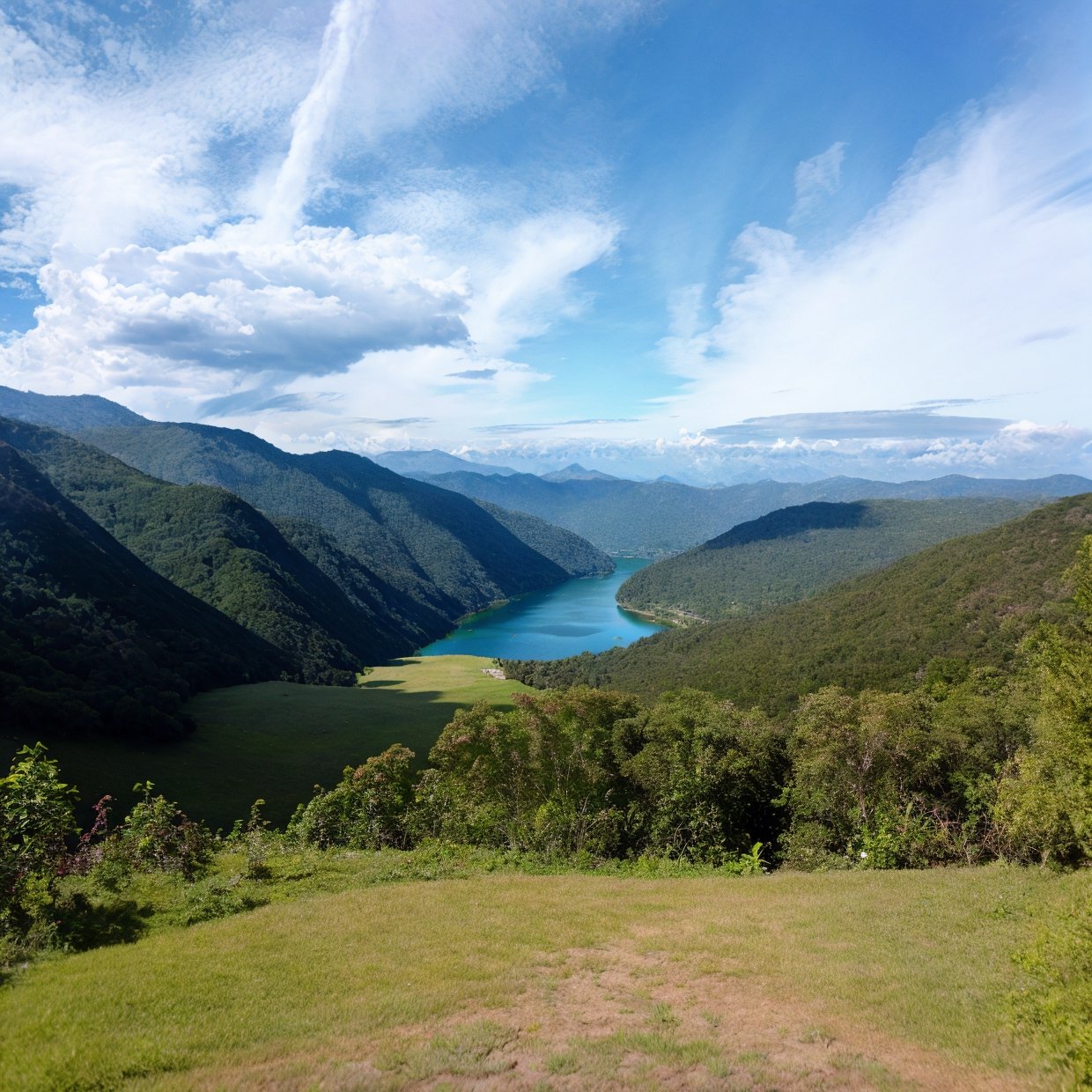 realistic watercolor landscape, a beautiful scenic countryside, rolling hills, lush green meadows, vibrant wildflowers, towering mountains in the background, fluffy clouds in the sky, shimmering lake reflecting the landscape, (best quality,4k,8k,highres,masterpiece:1.2),ultra-detailed,(realistic,photorealistic,photo-realistic:1.37),professional, vivid colors, natural lighting, atmospheric perspective, intricate details