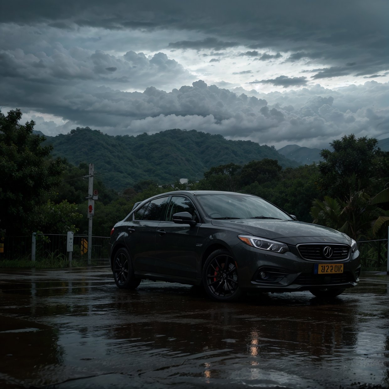 a car parked on a rainy road,cloudy sky,detailed rain drops,dramatic lighting,moody atmosphere,cinematic,photorealistic,ultra-detailed,8k,HDR,vibrant colors,natural lighting,realistic reflections,wet ground,puddles,realistic textures