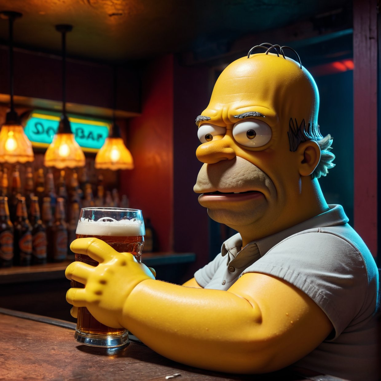 A drunk Homer Simpson sitting at a bar, overweight beer belly, slouched posture, messy hair, 5 o'clock shadow, holding a beer glass, neon bar lighting, smoke-filled room, grunge bar interior, warm color tones, realistic detailed rendering, highly detailed, cinematic lighting, photorealistic, 8k