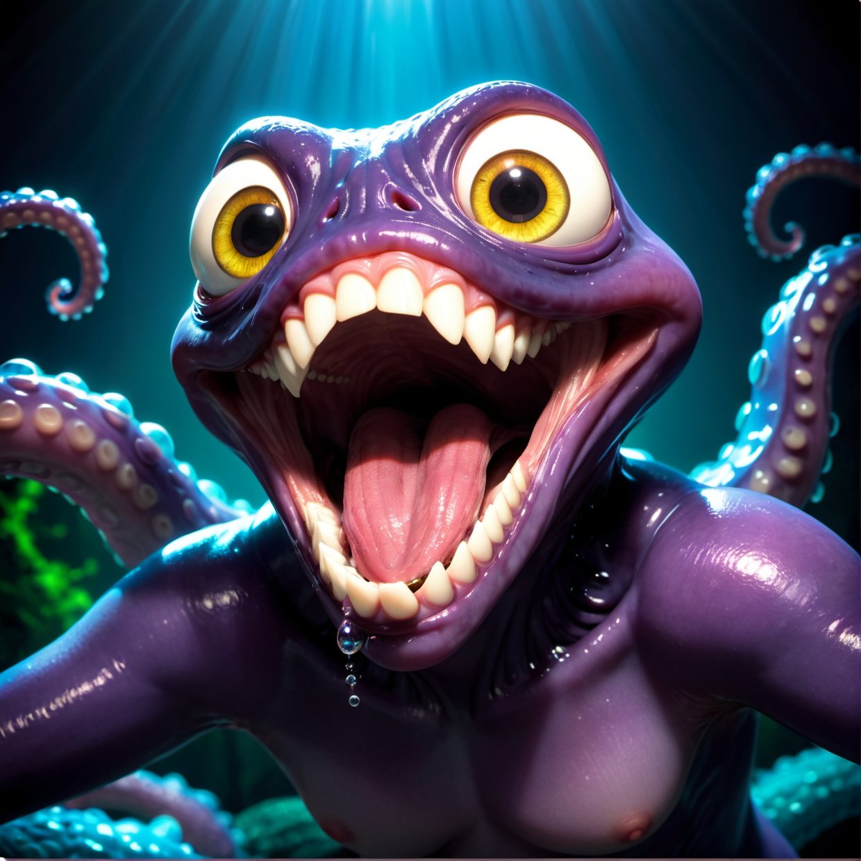 a terrifying ancient eldritch entity, dark mysterious horror, tentacles, glowing eyes, sharp teeth, alien and otherworldly, abyssal depths, cosmic horror, obscure and unknown, nightmarish visions, surreal and dreamlike, (best quality,4k,8k,highres,masterpiece:1.2),ultra-detailed,(realistic,photorealistic,photo-realistic:1.37),dark moody lighting,dramatic shadows,muted color palette,cinematic composition,disney pixar style