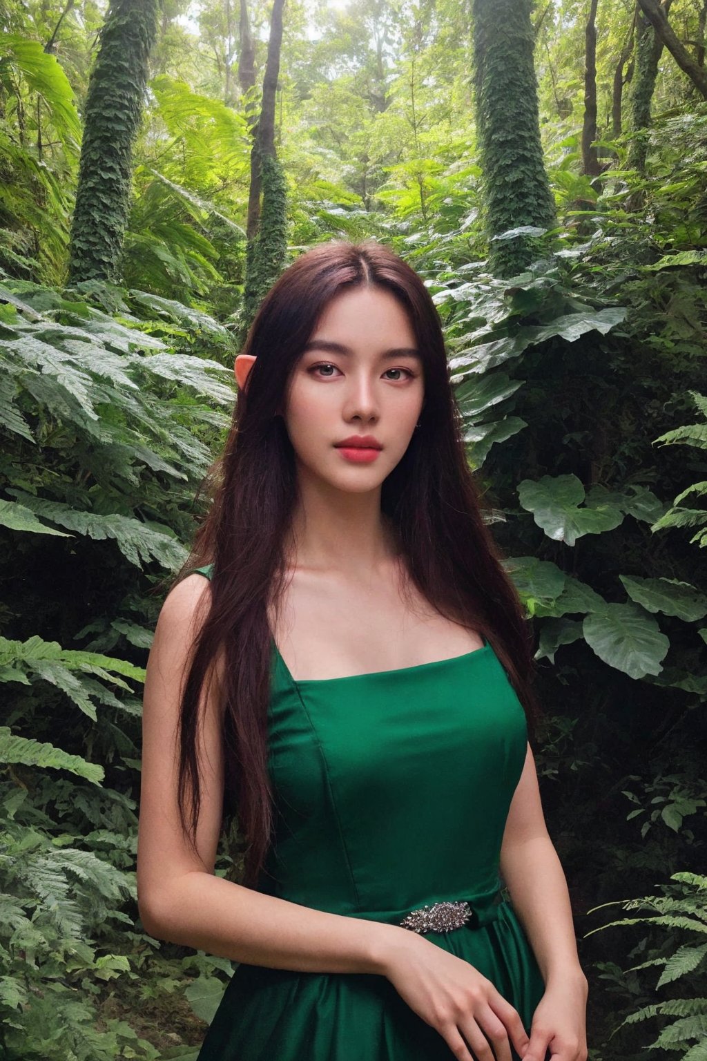 a beautiful female elf with long silver hair, piercing emerald green eyes, delicate facial features, slender pointed ears, wearing a flowing green dress, standing in a lush forest with tall trees, sunlight filtering through the leaves, fantasy landscape, (best quality,4k,8k,highres,masterpiece:1.2),ultra-detailed,(realistic,photorealistic,photo-realistic:1.37),fantasy,portrait,digital art,intricate details,cinematic lighting,vibrant colors