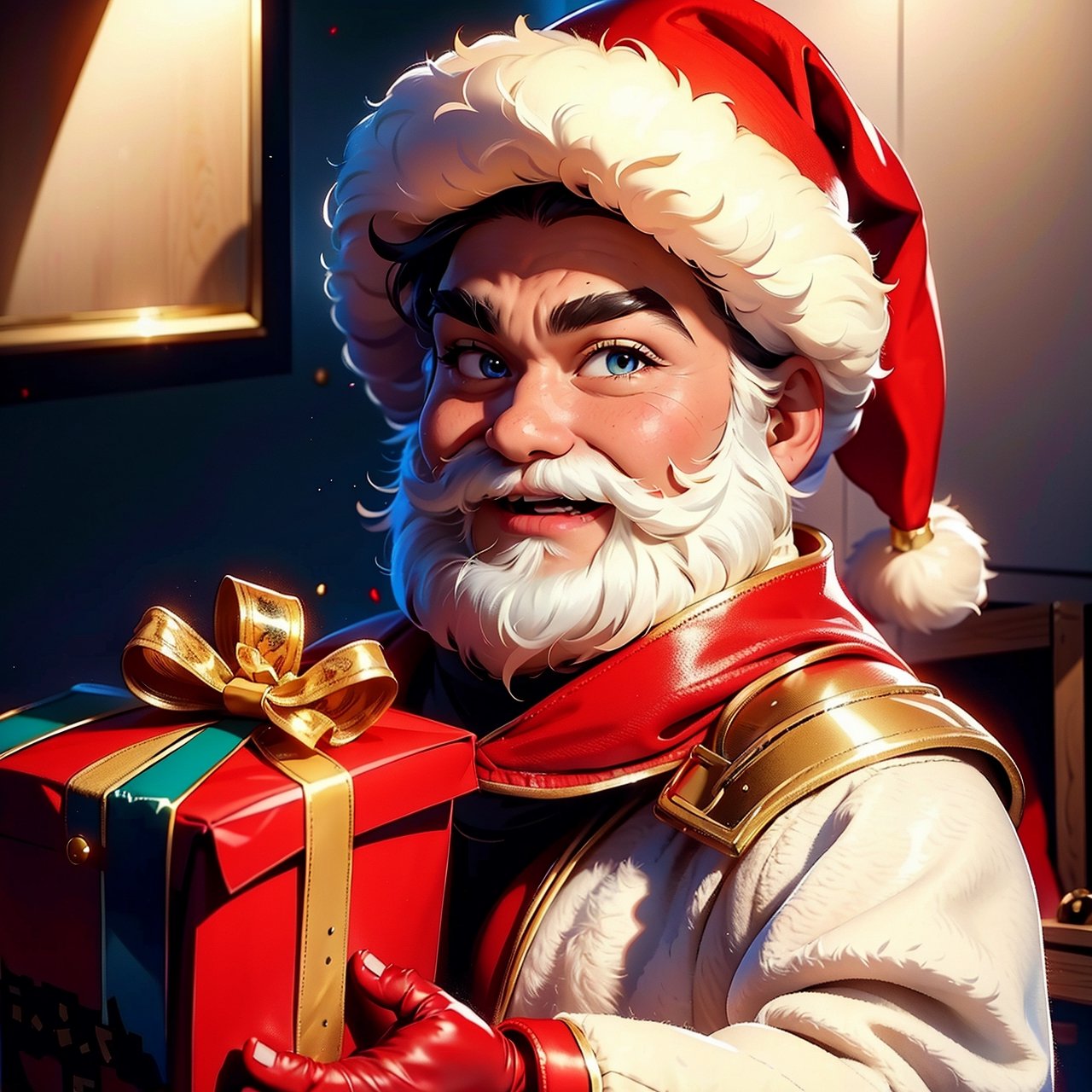 (best quality,4k,8k,highres,masterpiece:1.2),ultra-detailed,(realistic,photorealistic,photo-realistic:1.37),anime-style,3d realistic,character:Santa Claus,cute rounded eyes,rosy cheeks,white detailed beard,pinkish round chubby face,round nose with slight blush,cartoonish eyebrows and eyelashes,male character,kind smile,wearing a red and white furry hat,wearing a red and white furry suit with golden buckles,wearing black boots with fur trim,holding a large bag of gifts over his shoulder