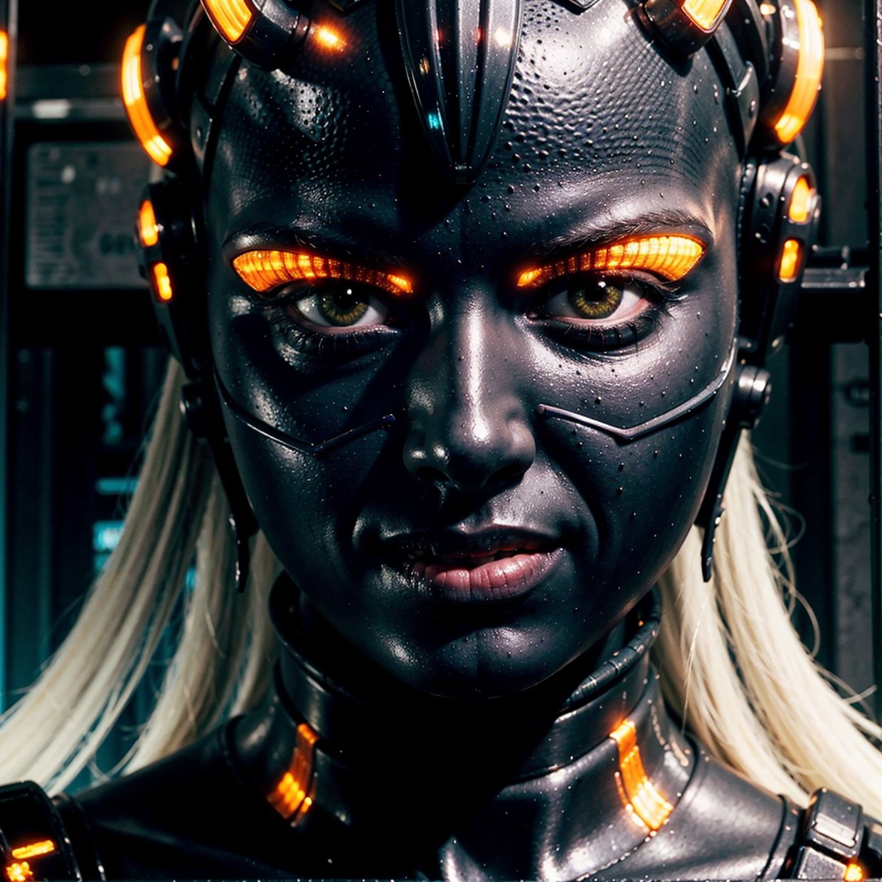 a detailed full body portrait of a woman wearing a tight combat suit, intricate futuristic cyberpunk armor, shiny metallic textures, hyper detailed, ultra realistic, cinematic lighting, dramatic pose, complex machinery and technological elements, glowing accents, depth of field, vibrant neon colors