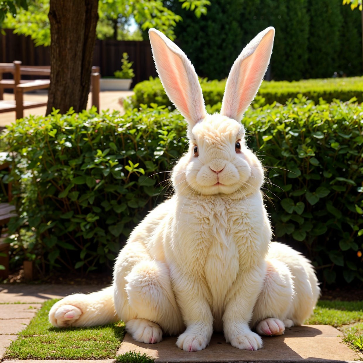 a rabbit with fluffy white fur, long rabbit ears, cute expression, sitting in a garden, outdoors, spring scenery, soft natural lighting, delicate details, photorealistic, award winning digital art, intricate fur textures, vibrant colors, cinematic composition,SD 1.5