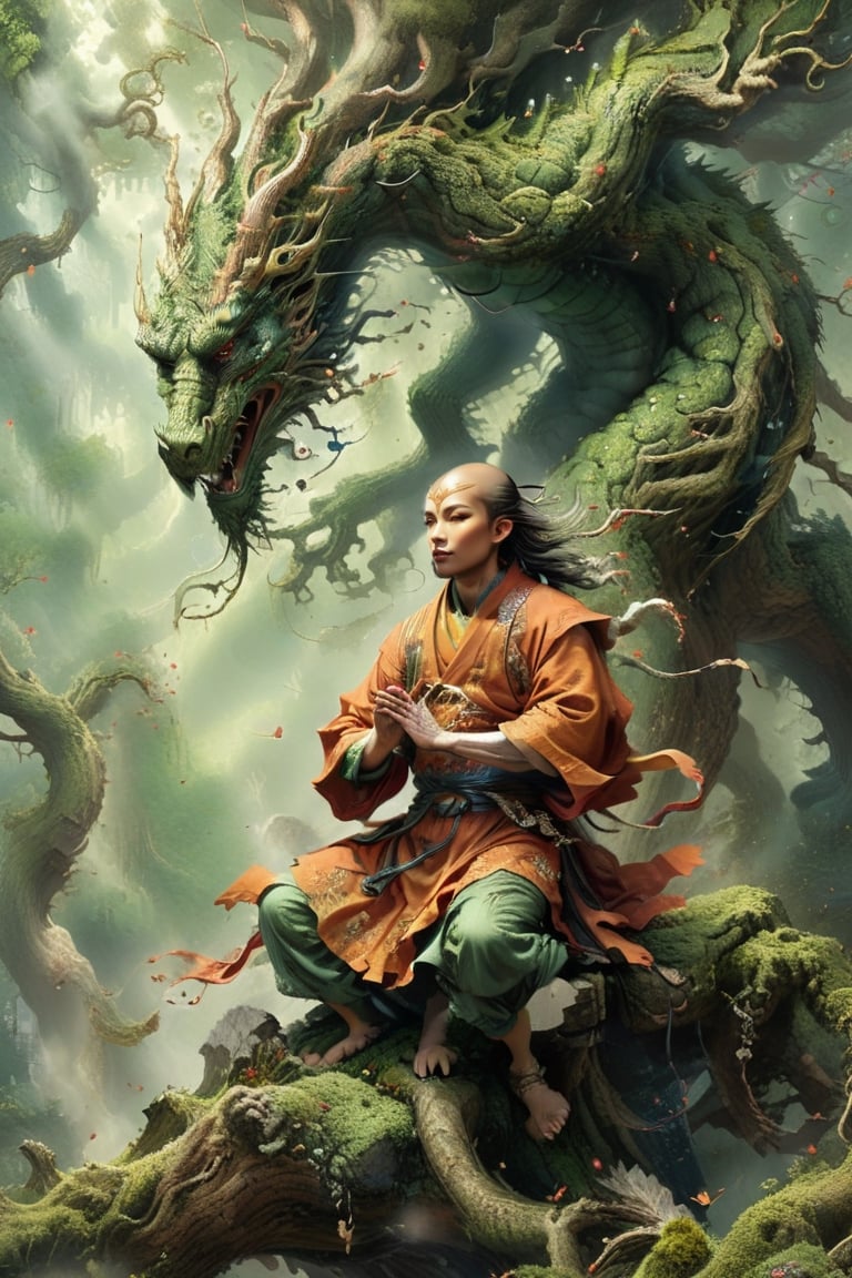 (masterpiece, top quality, best quality, official art, beautiful and aesthetic:1.2), (1men), "a  warrior U-dressed. Gojo-kesa with long wavy hair watching a dragon untangling from a tree To attack it ", 1dragon wrapped and twisted into a tree, emerging from tree bark,  moss dragon dissolving into particles, forest, moss, petalstorm, extreme detailed,(fractal art:1.3), the warrior monk has an expression of fury and vengance, highest detailed,DragonConfetti2024_XL,oil painting, traditional media, realist