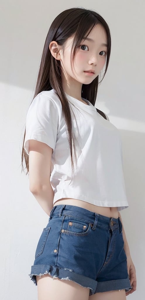 1 French-Japanese girl, standing, from below, small breasts, looking at viewer, blue eyes, brown hair, japanese serafuku uniform, short sleeve white shirt, white background,bedroom,wind blown,portrait,AgoonGirl,Realism,Haerin_NJ