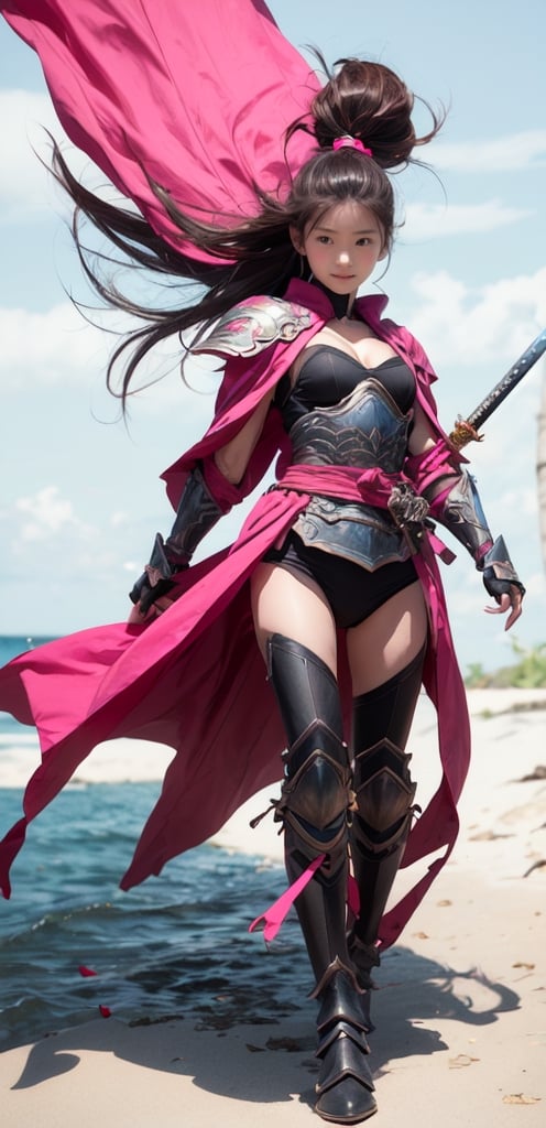 1 French-Japanese  girl, full body, small breasts, looking at viewer, blue eyes, brown hair, flower in ear, holding, standing, black and pink fantasy paladin armor,white background,tropical island beach,black and pink samurai armor,running, wind blown, holding a sword,weapon,r1ge