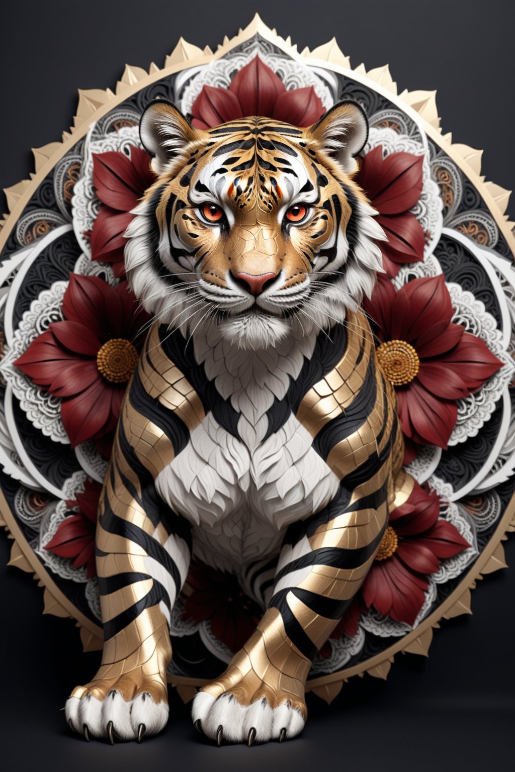 Official Art, Unity 8K Wallpaper, Super Detailed, Beautiful and Aesthetic, Masterpiece, Top Quality, (Zentangle, Mandala, Tangle, Tangle), (Fractal Art: 1.3), One tiger, Highly Detailed, Dynamic Angle,{{{ full body shot}}}, the most beautiful form chaos, elegant, brutalist design, bright Gold, Silver, Bronze, Black, Deep Red, romanticism